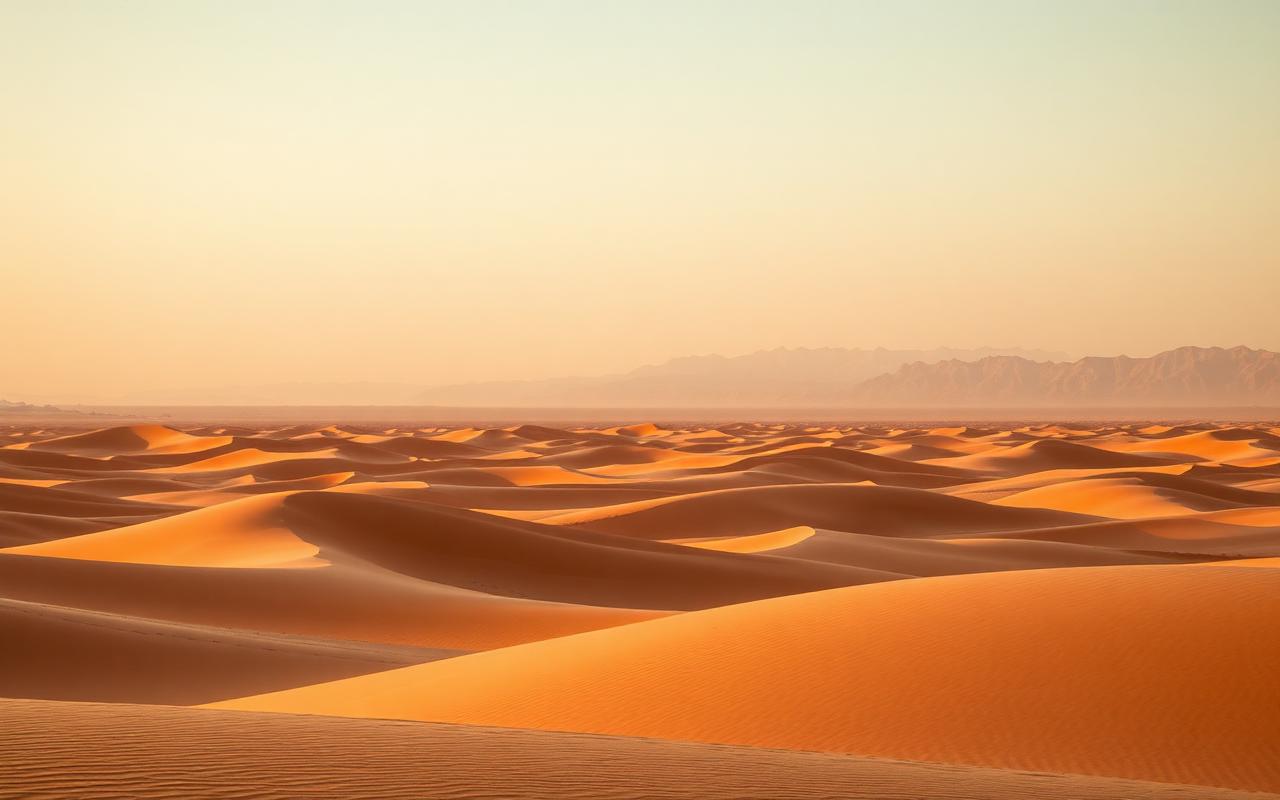 Wide desert dunes at golden hour with distant mountains