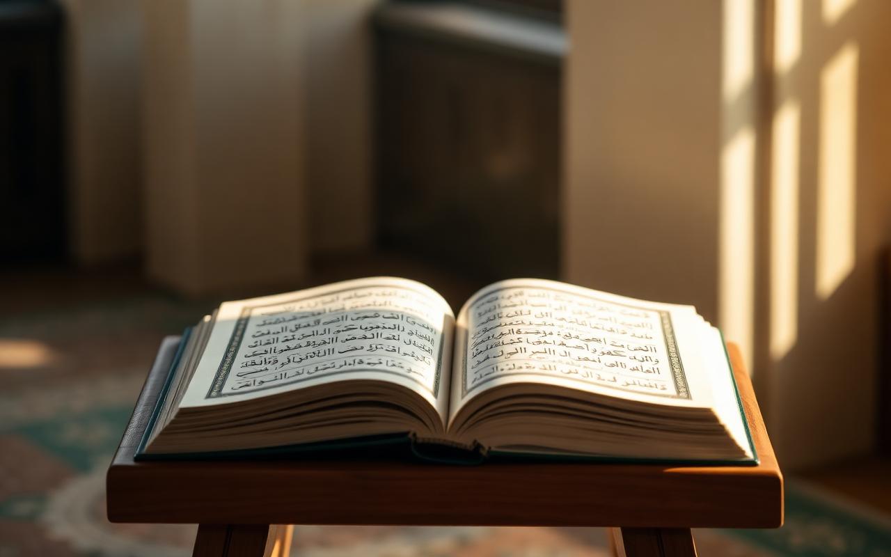 An open Qur'an resting on a wooden rehal in soft morning light