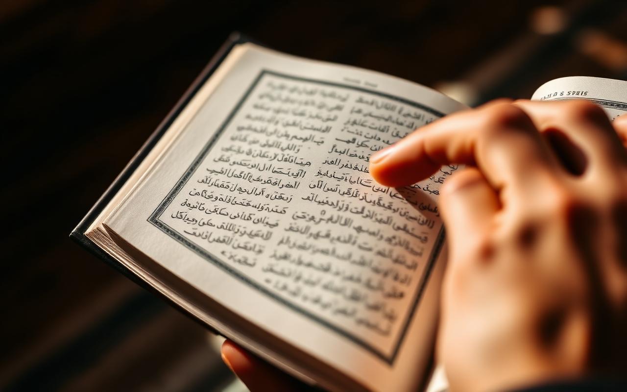 Hands of a teacher pointing to Arabic text on a Qur'an page